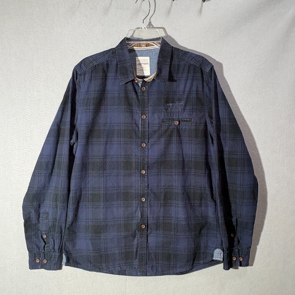 Koton Slim Fit Plaid Shirt Mens Large Navy Black Blue Long Sleeve Casual